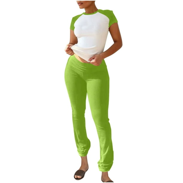 Camiseta Y Pantalones de Cuello Redondo de Manga Corta de Manga Larga de la Mujer, Traje de Mujer de Poliéster de Color Sólido para el Día Y la Fiesta