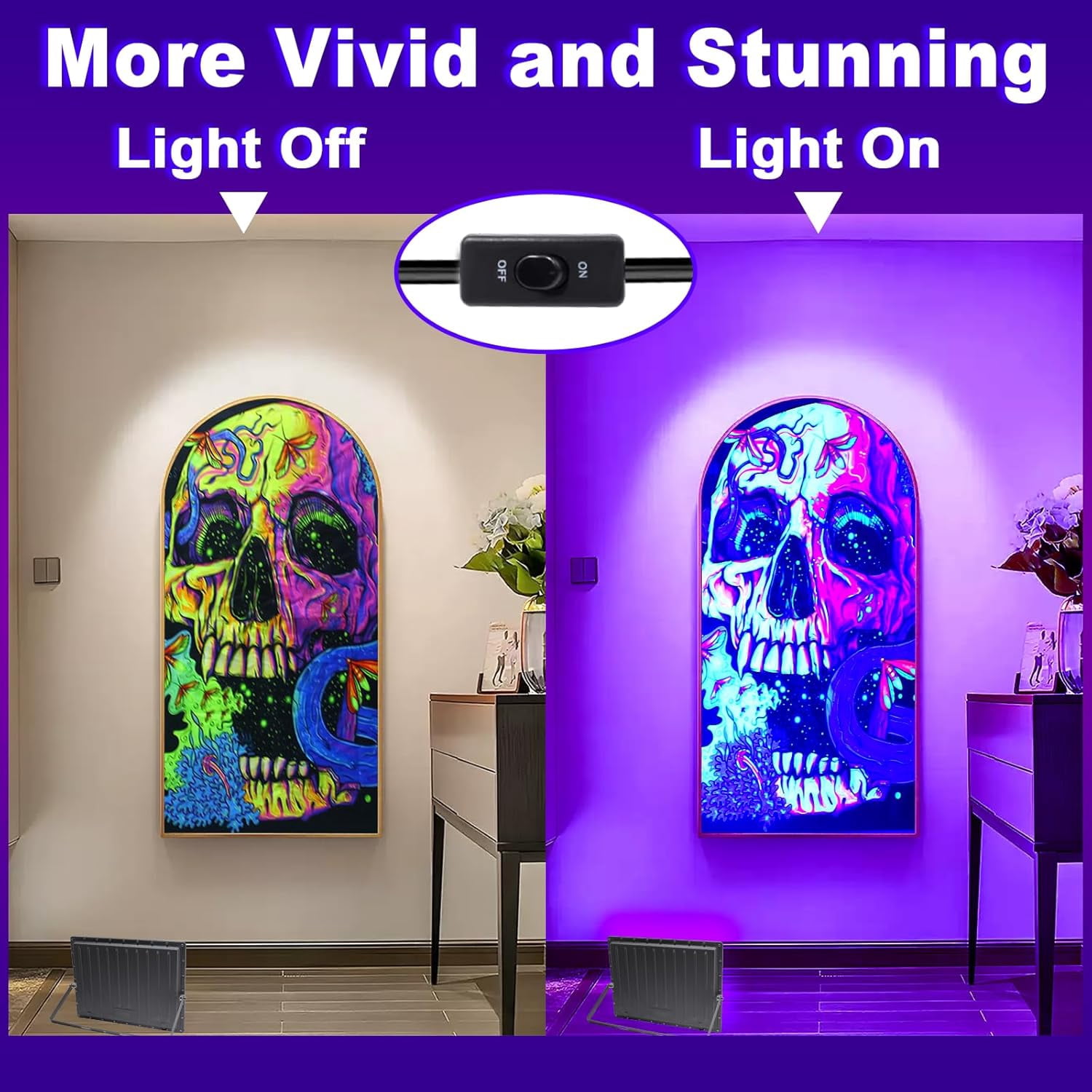 2 Pack 150W LED UV Black Light, Powerful Blacklight Flood Light with Plug and Switch, IP66 Waterproof, 395-405nm Blacklight Lamp for Party Body Paint Fluorescent Poster Halloween