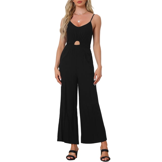 Mono de verano INSPIRE CHIC para mujer, tirantes de espagueti, corte abierto, pantalón ancho, color negro