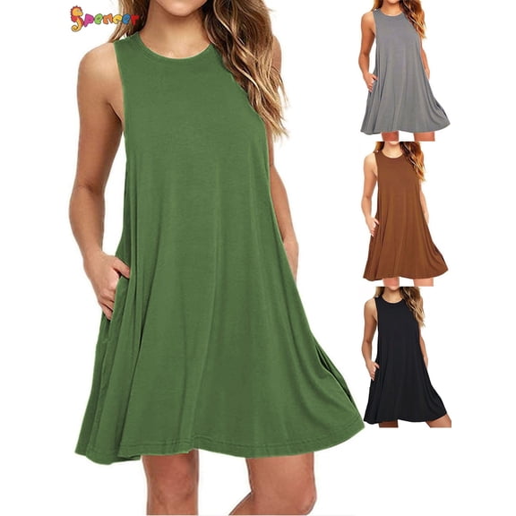 Spencer Womens Tank Dress Summer Casual Swing T-Shirt Dresses Beach Cover up Pockets Loose Dress Plus Size (Green, S)