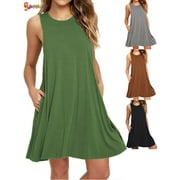 Spencer Women's Plus Size Summer Casual Sleeveless Swing T Shirt Dress Pure Color Pleated Loose Tank Tops Dress with Pocket "Green, S"