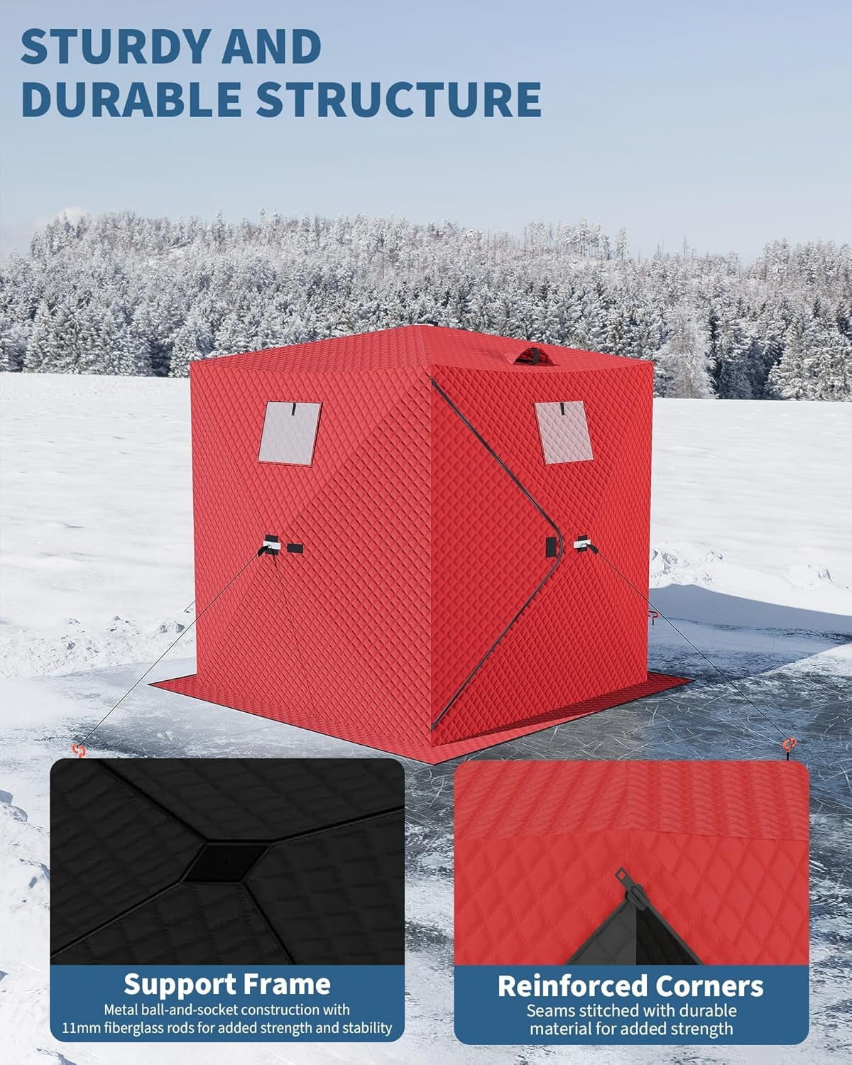 Lumiparty Pop Up Ice Fishing Tent Fully Insulated, Portable 1-2 Person Ice Fishing Shelter, Waterproof Oxford Fabric, Winter Windproof Hut Snow Hub with Anchors, Ropes & Carry Bag, Red