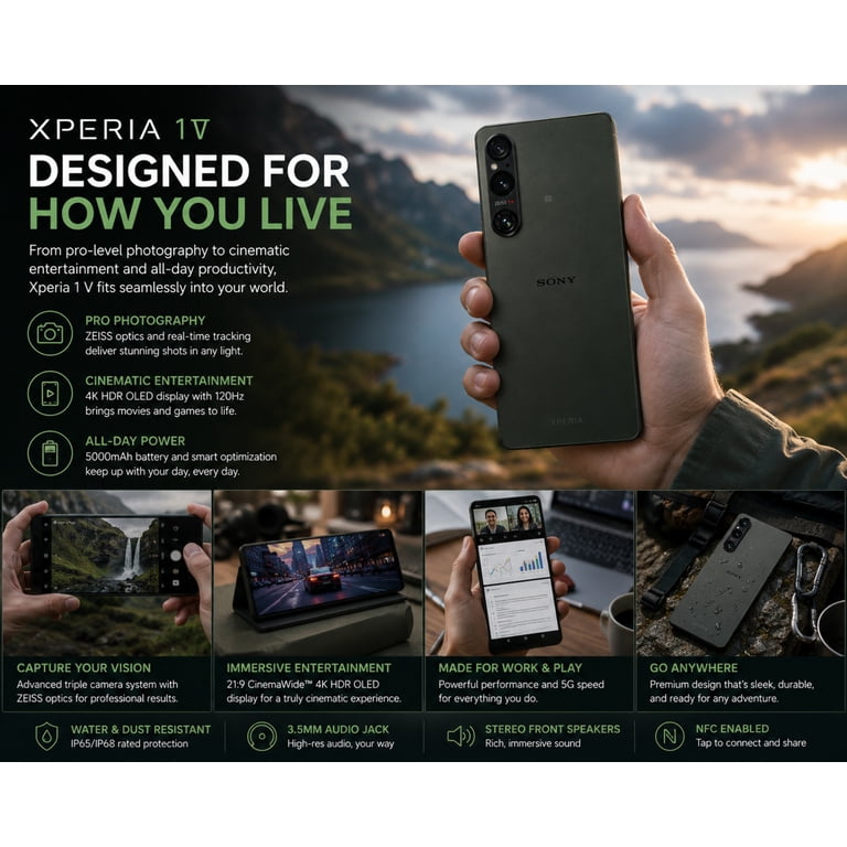 Sony Xperia 1 V 5G Cellular Phone, Dual SIM, 256GB ROM, 12GB RAM