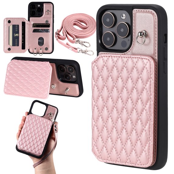 Case for iPhone 13 Pro 6.1", Detachable Crossbody Strap Wallet Case with Card Slots, Stand Ring Flip PU Leather Protective Cover Lanyard for Women for iPhone 13 Pro, Rosegold