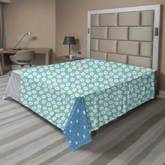 Ambesonne Floral Flat Sheet, Blooming Romantic Roses, Queen Size, Turquoise Salmon