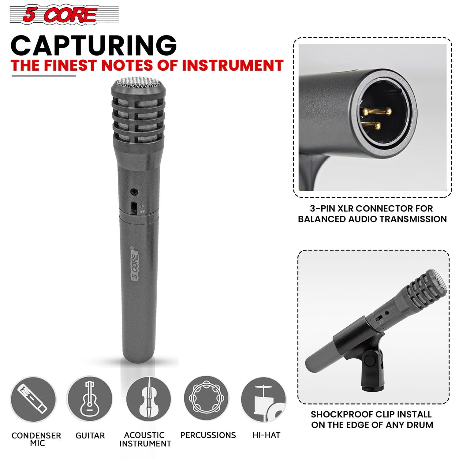 Professional Instrument Microphone Pencil Mic Condenser Cardioid Unidirectional Stick Microfono with Windscreen Mic Clip & Case ,GREY