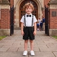 thumbnail image 2 of Boys British Suspender Suit Set, White Short Sleeve Shirt Striped Shorts Bow Tie Suspenders Formal Back to School Outfits for Kids Birthday Wedding Stage Performance(Black2,5-6 Years), 2 of 2