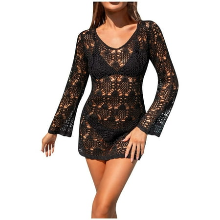 Virmaxy Womens Cover Ups Solid Color Hollow Out Knit Beach Bikini Cover Ups Dresses Cover Ups Bathing Suit Cover Up For Beach Pool Swimwear Crochet Dress Black-A M