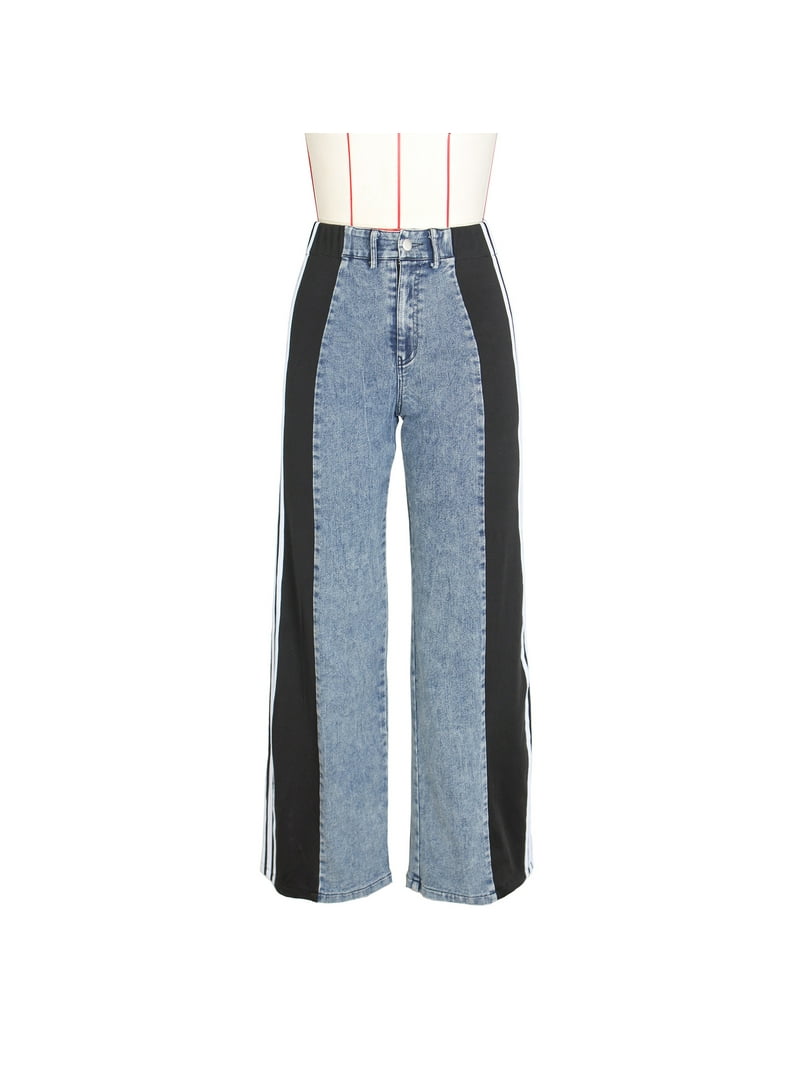 パンツ DIAGONAL : 24FW / DENIM MIXED BANDING PANTS (2COLORS) Double Trouble Colorblock Wide Leg Pants - Denim/Grey | Bar