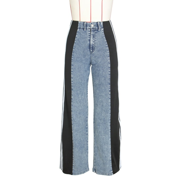 Two-Tone High-Waisted Wide-Leg Jeans with Striped Side Two-Tone High-Waisted Wide-Leg Jeans with Striped Side