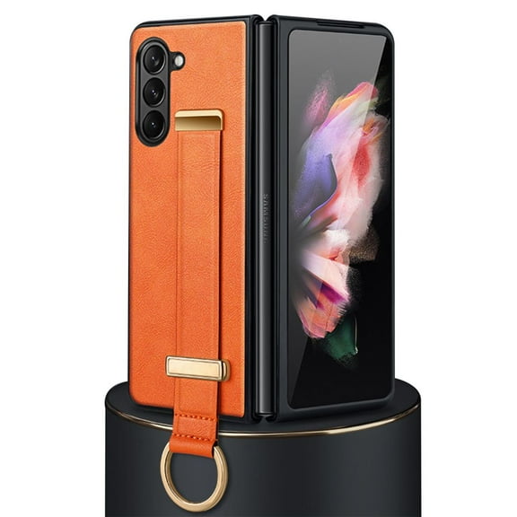 Compatible with Samsung Galaxy Z Fold 5 Leather Case with Ring Wristband Kickstand Shockproof Case-Orange