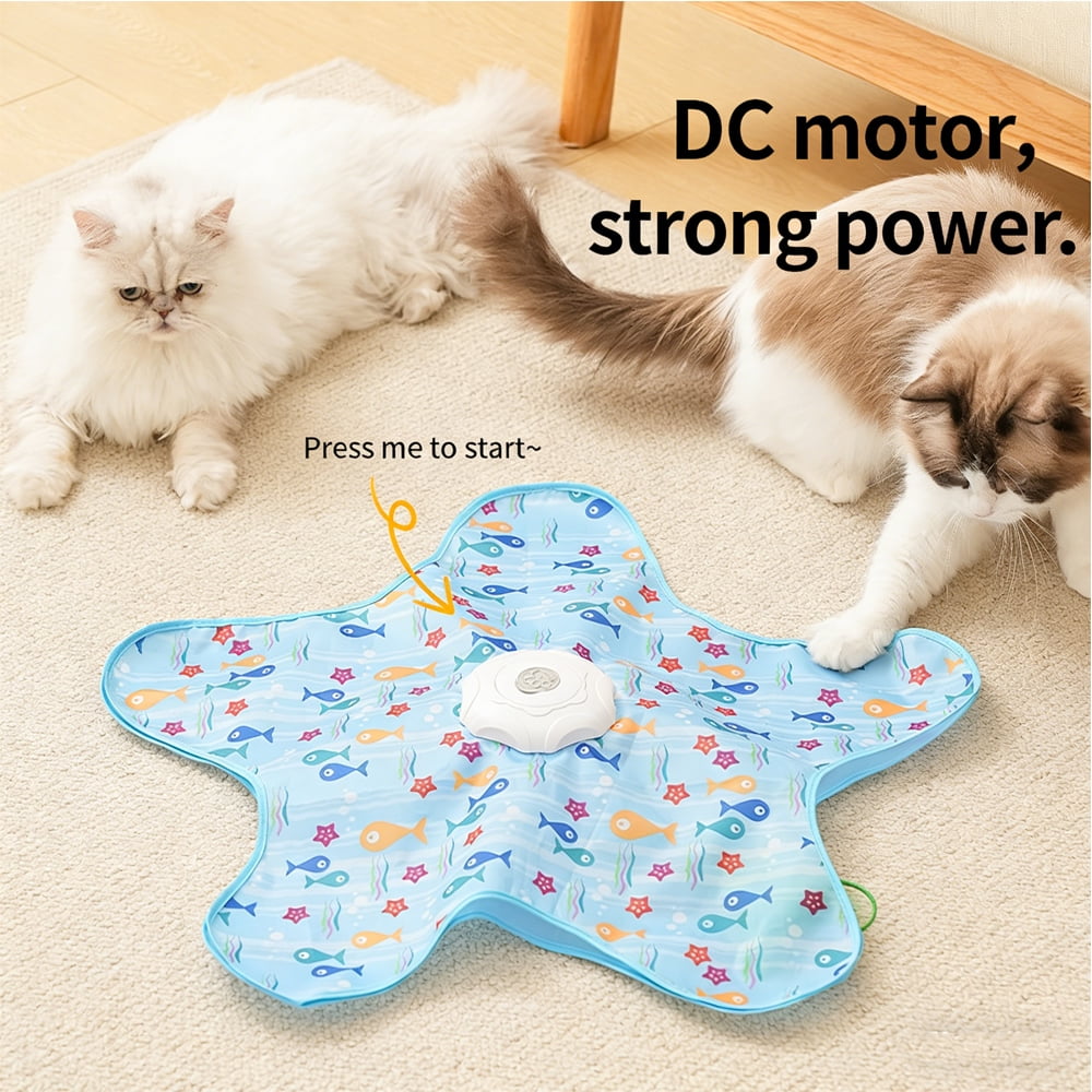 Cat Toy Mat: Automatic Interactive Star-Shaped Cat Teaser Mat - 360 °   Irregular Feather Movement, USB Rechargeable (Blue Fish Pattern)