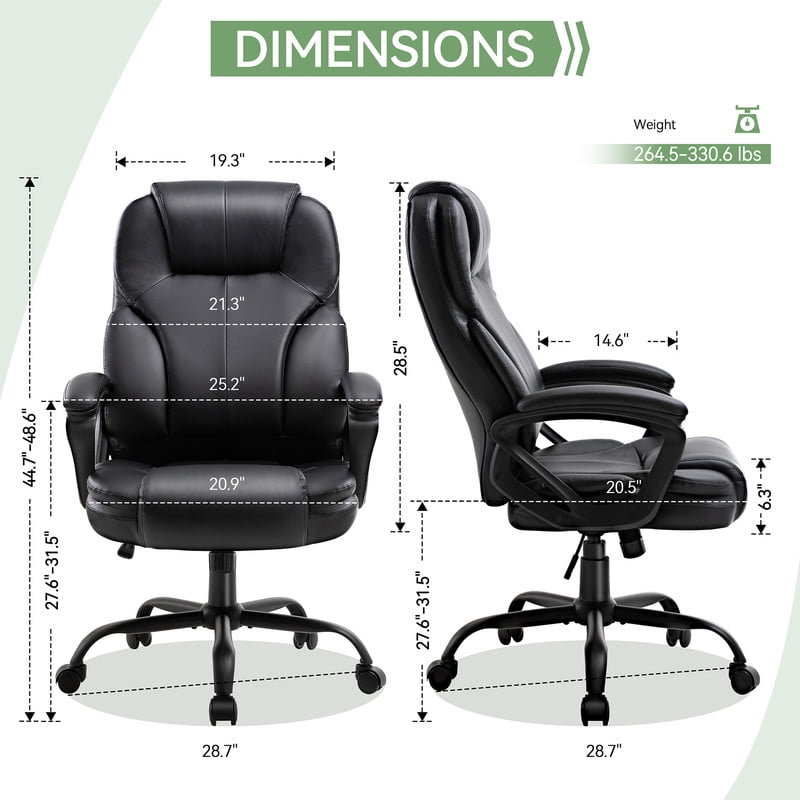 Walsunny Leather Chair, Big and Tall Executive Office Chair, High Back Ergonomic Desk Chair, Adjustable Leather Office Chair with Lumbar Support Black