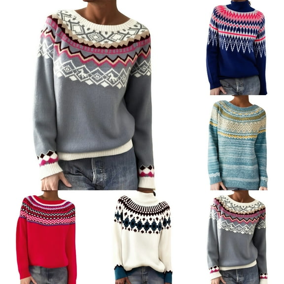 sususu Women's Fair Isle Sweater Oversized Knitted Sweaters Crew Neck Long Sleeve Colorful Striped Pullover Jumper Tops,A02-Black,XL