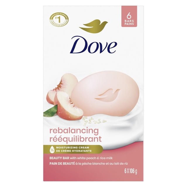 Dove Beauty Bar Soap for a Nourished and Moisturized Skin, Rebalancing White Peach & Rice Milk, with ¼ Moisturizing Cream Plant-Based Formula (6 Bars)