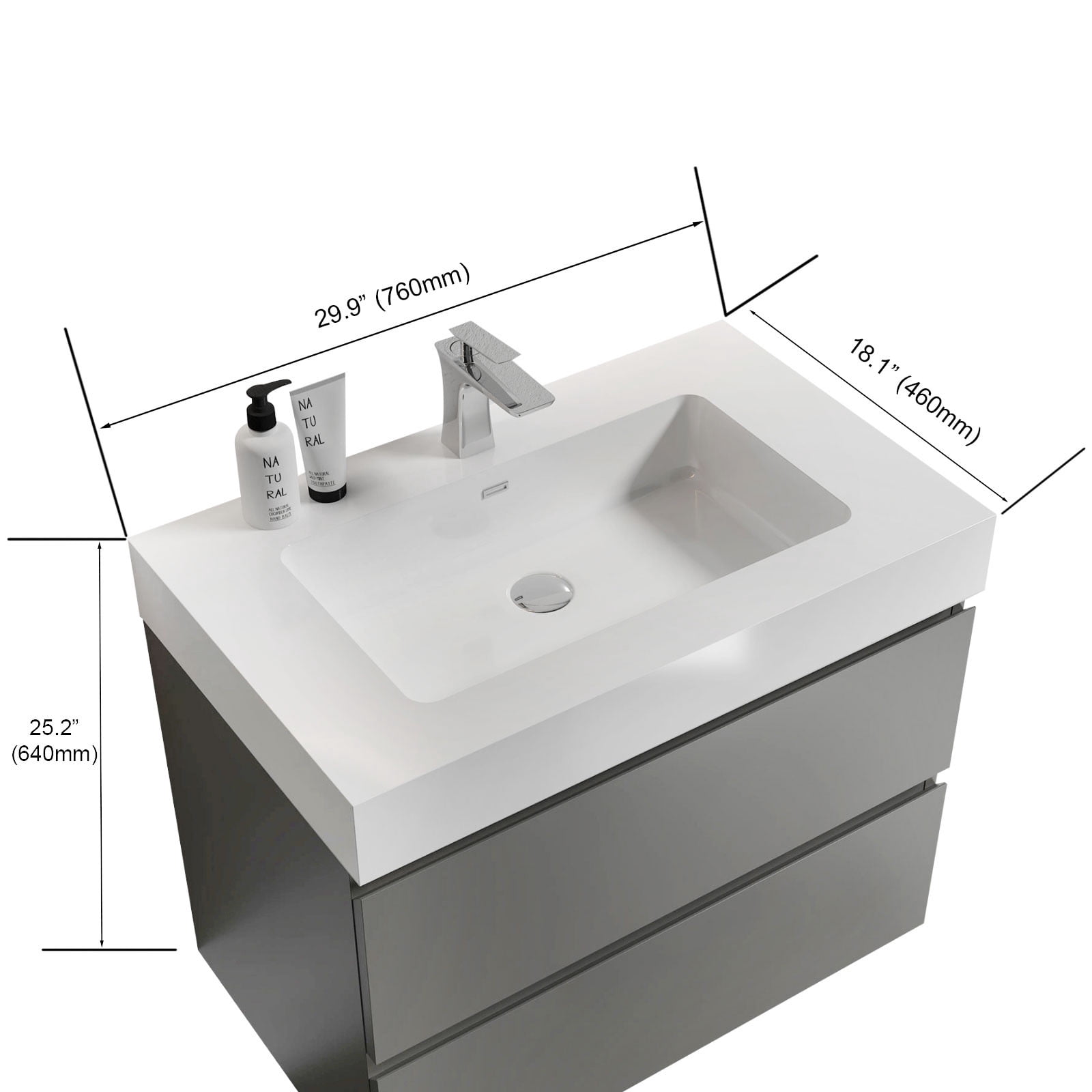 CITTANEO 30 Inch Floating Bathroom Vanity with Sink, Modern Bathroom Cabinet with 2 Drawers, Gray