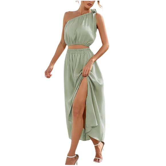 Drindf Dresses for Women 2025 Casual 2 Piece Solid Maxi Dress Summer One Shoulder Crop Top High Waisted Maxi Dress Trendy Split Skirt Set Boho Dress