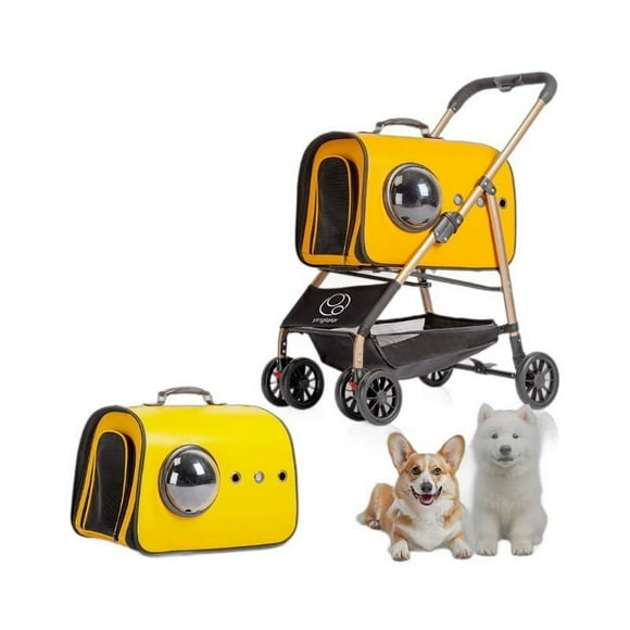 Pet Stroller and Carrier Set, Yellow and Black, Foldable with Wheels