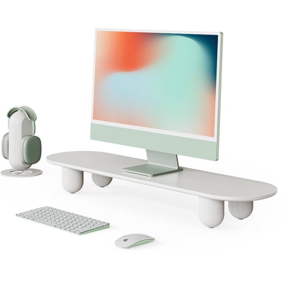FENGE Monitor Stand Riser 34 Inch Computer Monitor Stand for Desk with Wooden Shelf and Solid Wood Legs, Desk Organizer for PC Laptop TV Printer, White