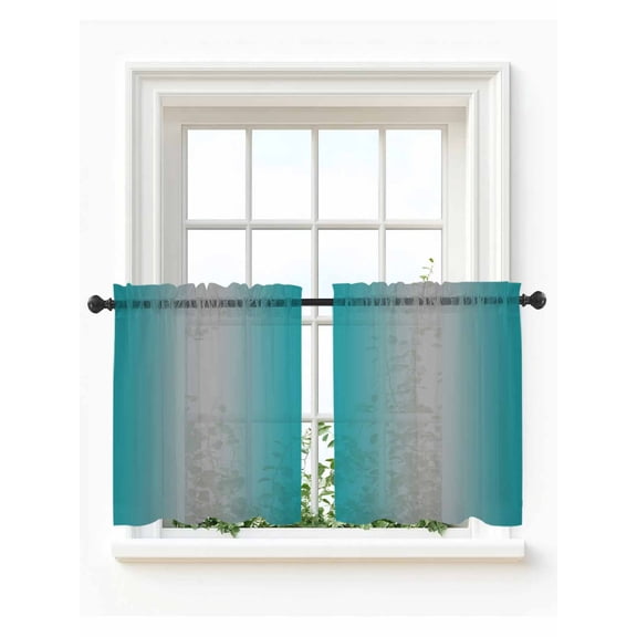 Teal Grey Ombre Tier Curtains 24 Inch Length,Sheer Curtains for Bedroom Living Room Window Gradient Contemporary Abstract Art Rod Pocket Drapes Kitchen Curtains Small Half Window 27.5"x24" 2 Panels