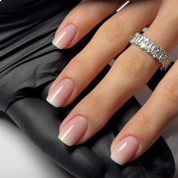 TRAHOO-Ombre Pink French Press on Nails Short Square, Short Fake Nails Glue on Short Square Nails Press ons, Natural Ombre Pink Nails Glue on Nails Short Stick on Nails for Women 24 Pcs