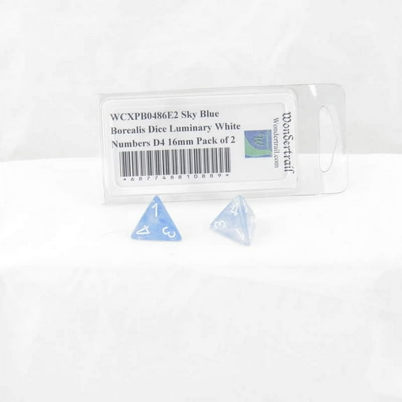 Sky Blue Borealis Dice Luminary with White Numbers D4 Aprox 16mm (5/8in) Pack of 2 Wondertrail