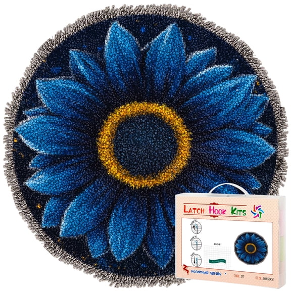 Latch Hook Rug Kit Blue Night Sunflower Stamped Handmade Round Shape Carpet Crochet Yarn Craft DIY Hook and Latch Door Mat Tapestry for Christmas Home Floor Decor 50x50cm(1)