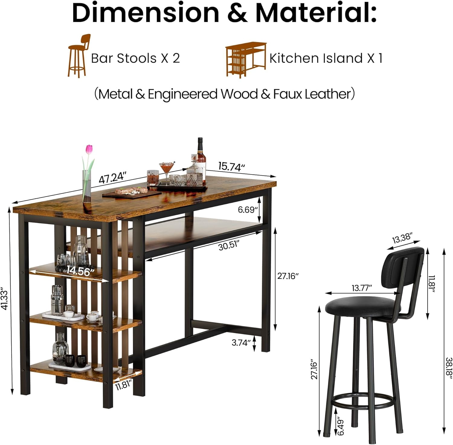 LinkRomat Bar Table and Chairs Set for 2, Marble Kitchen Island Table with 2 PU Bar Stools, Tall Kitchen Table and Chairs with Storage for Small Spaces, Home & Apartment, Brown