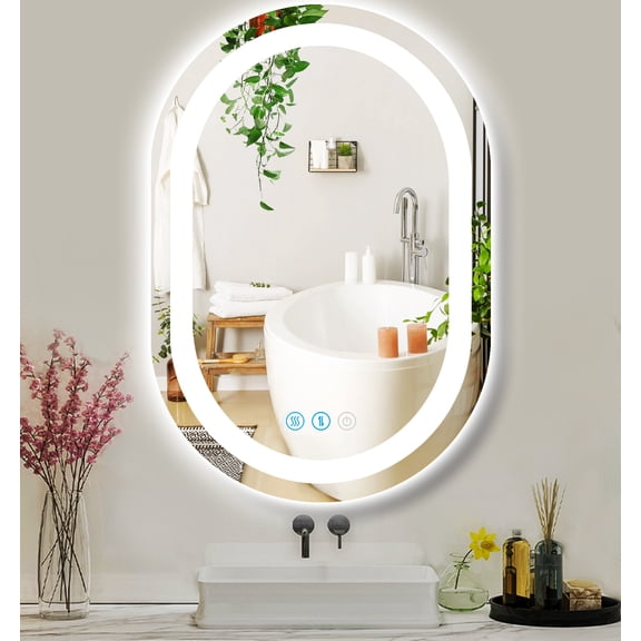 24" x 16" Bathroom Oval LED Mirror with Front Lights Smart Memory 3 Color Adjustable Brightness Anti-Fog 24 Inch Oval Light Up Bathroom Mirror for Salon Wall Horizontal Vertical Mounted