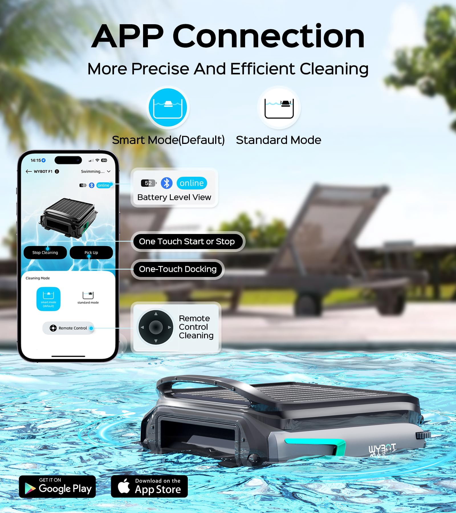 WYBOT F1 Pool Skimmer Robot Cleaner, App Remote Control, Automatic Solar Pool Cleaner, Water Clarification, Obstacle Avoidance, Anti-Stranding, Ideal for All Swimming Pool Types