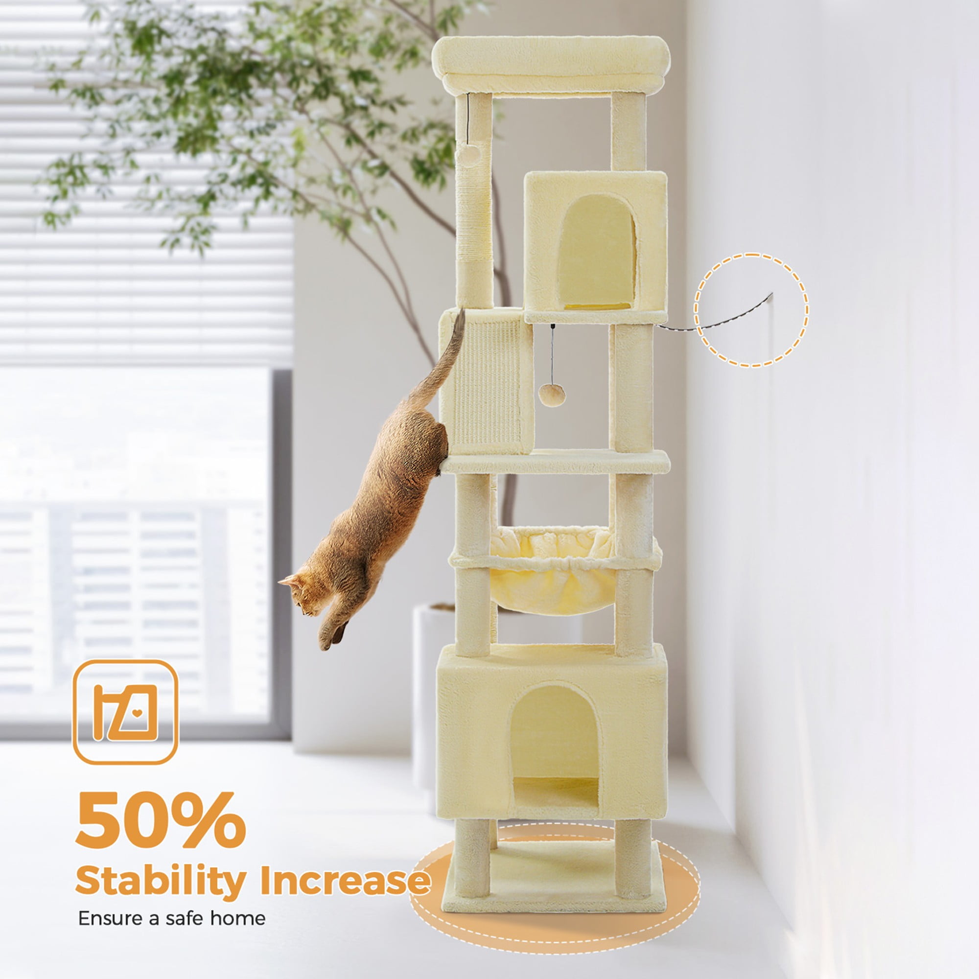 resenkos 71" Large Cat Tree Tower for Indoor Cats, Multi-Level Cat Tree House with Padded Perches, Scratcher, Hammock, 2 Cozy Cat Condos and Scratching Posts, Beige