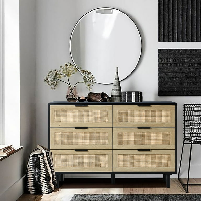 LuxenHome Black and Brown Wood 6 Drawer Rattan Dresser Walmart