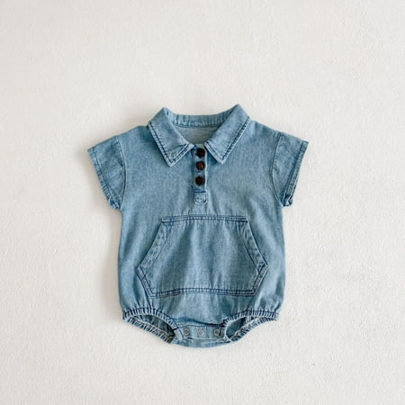 Clearance & Promo Children s Boys and Girls Bodysuit Cotton Denim Short Sleeve Pocket Jumpsuit for Comfortable Play Christmas Lights|Cotton Blue Sopatenor