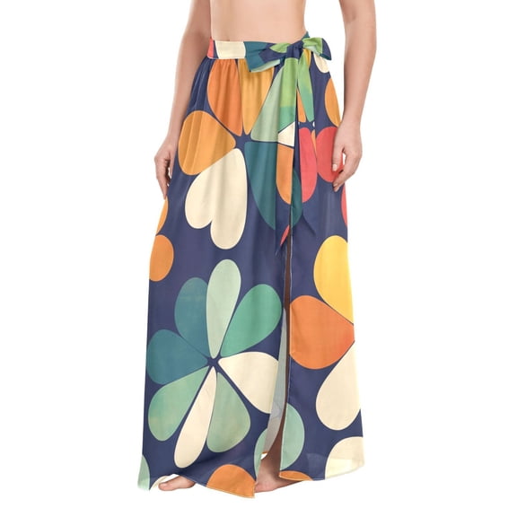 FORMRS Womens Long Sarong Beach Wrap Semi-Sheer Bikini Skirt Bathing Swimsuit Cover Up, Green Clover Pattern