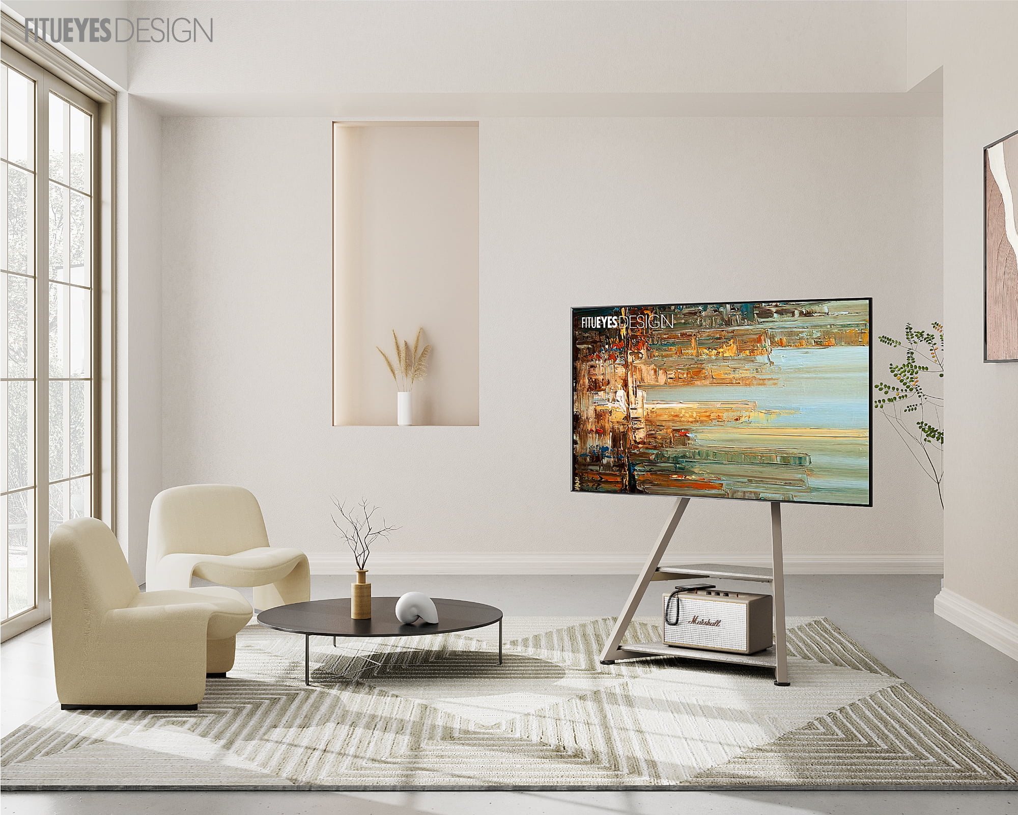 FITUEYES Modern Floor TV Stand Mini Corner Entertainment Center for TVs up to 65”,Khaki
