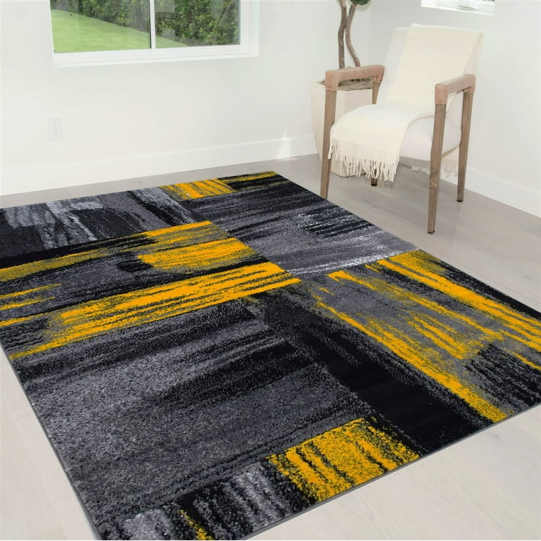 Monochrome Trio Rectangular Handmade Floor Mat: Yellow, Black, and White  Harmonizing for a Modern and Striking
