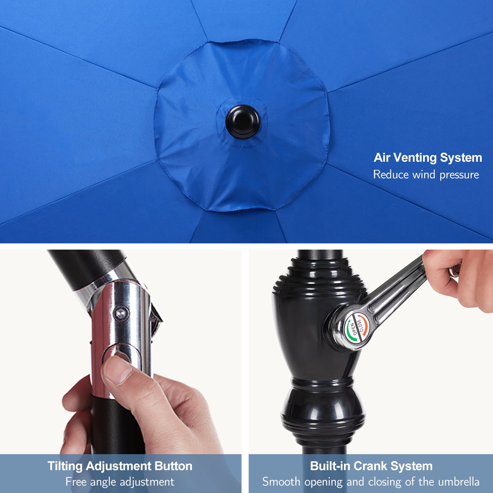 EDX 9FT Outdoor Patio Umbrella with Push Button Tilt and Crank Handle, Market Umbrella with 8 Sturdy Umbrella Ribs, UV Protection, Waterproof, Blue
