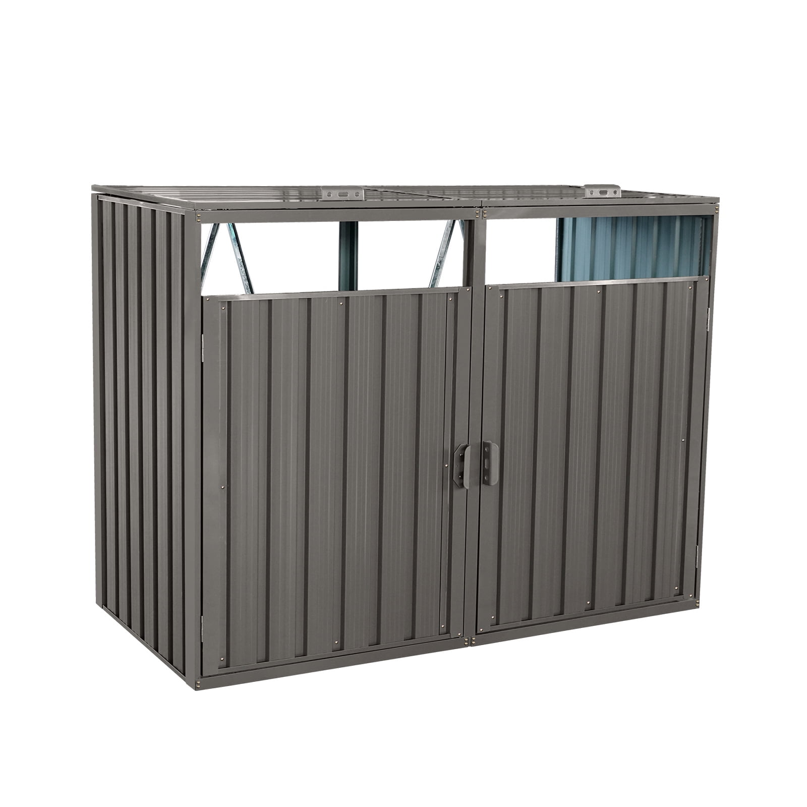 Trash Bin Storage Shed, Metal Outdoor Bin House for Double Garbage Can Storage Garden Yard Lawn, Grey