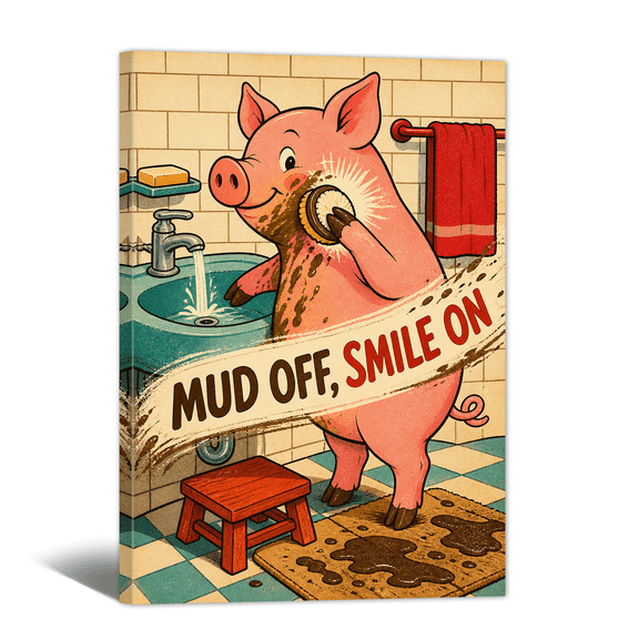 Funny Animal Canvas Wall Art Cute Pig Mud Off Smile On Washing Prints, Vintage Cartoon Bathroom Artwork Paintings for Living Room Bedroom Toilet Home Wall Decor