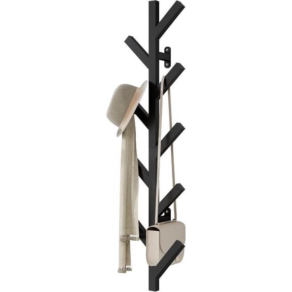 9-Hook Vertical Wall Coat Rack, Black, Space-Saving Entryway Organizer