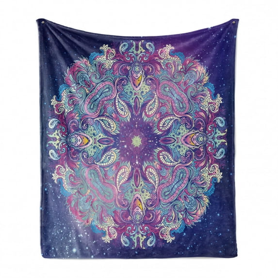 Ethnic Soft Flannel Fleece Throw Blanket, Yoga and Cosmos Theme Psychedelic Composition, Cozy Plush for Indoor and Outdoor Use, 60" x 80", Baby Pink and Purple, by Ambesonne