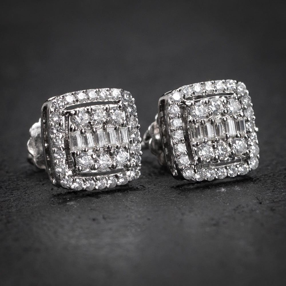 Square White Gold Plated 925 Sterling Silver Screw Back Post Cz Stone Large Iced Hip Hop Micro Pave Iced Baguette Stud  Earrings