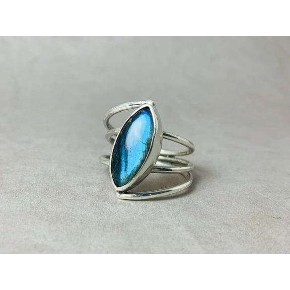 Heaven Crafts 925 Sterling Silver Blue Flashy Labradorite Ring Marquise Shape Gemstone Gift For Wife