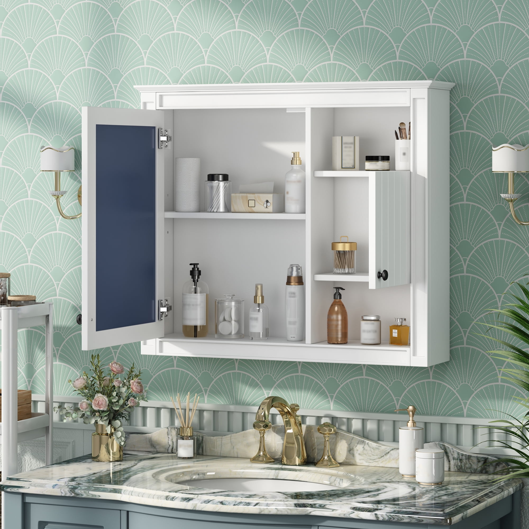 MAYEERTY 32'' White Bathroom Wall Cabinet with Mirror, Wall Mounted Medicine Cabinet – 3 Shelves, Over Toilet Storage