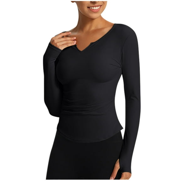 Chbgutlmr Workout Tops for Women Notched V Neck Long Sleeve Ruched Skinny Running Yoga Gym Exercise Shirts