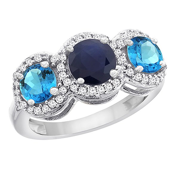 14K White Gold Natural High Quality Blue Sapphire & Swiss Blue Topaz Sides Round 3-stone Ring Diamond Accents, size 10