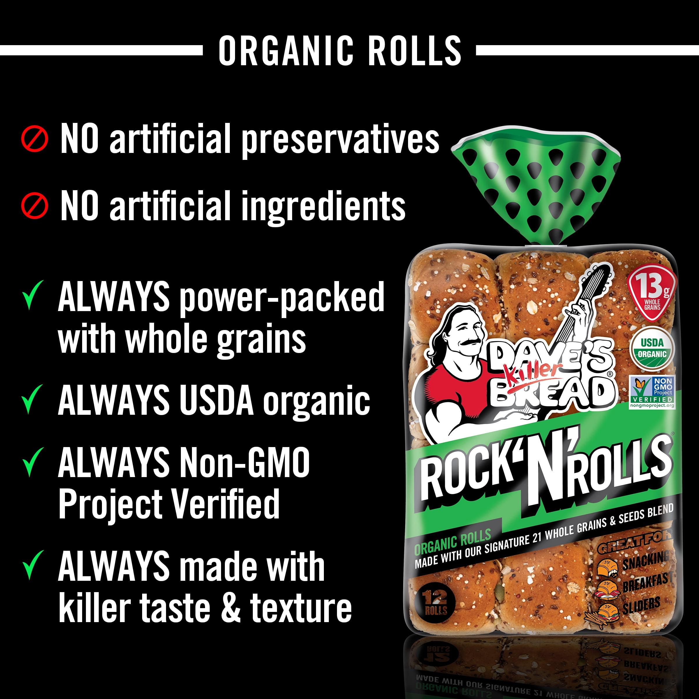 Dave’s Killer Bread Rock 'N' Rolls, Organic Snack, Slider, Breakfast Rolls, 12 Count