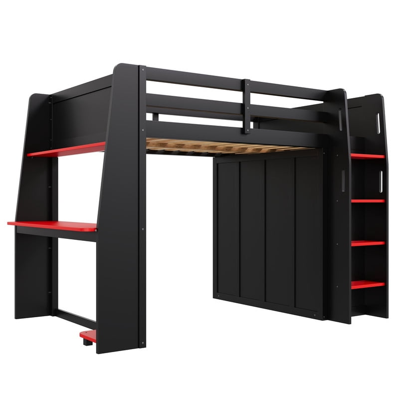 Full Size Wooden Loft Bed with Built-in Desk & Charging Station, Kids Storage Bed Frame with LED Light & Double Door Wardrobe