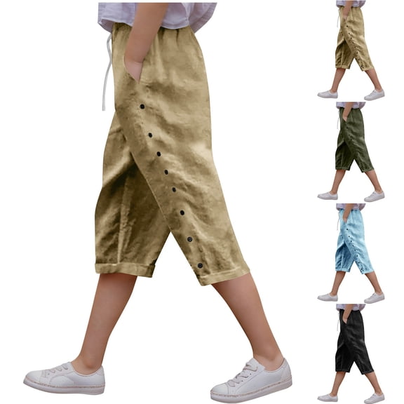 Einccm Girls Cotton Linen Feel Wide Leg Pants - Loose Fit Cropped Capris with Dstring Waist and Pockets, Casual Side Slit Flowy Trousers for Kids and Big Girls 4-15 Years