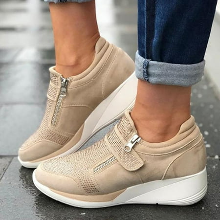 

Women s Roman Large Size Crystal Zipper Wedges Height Increasing Casual Shoes